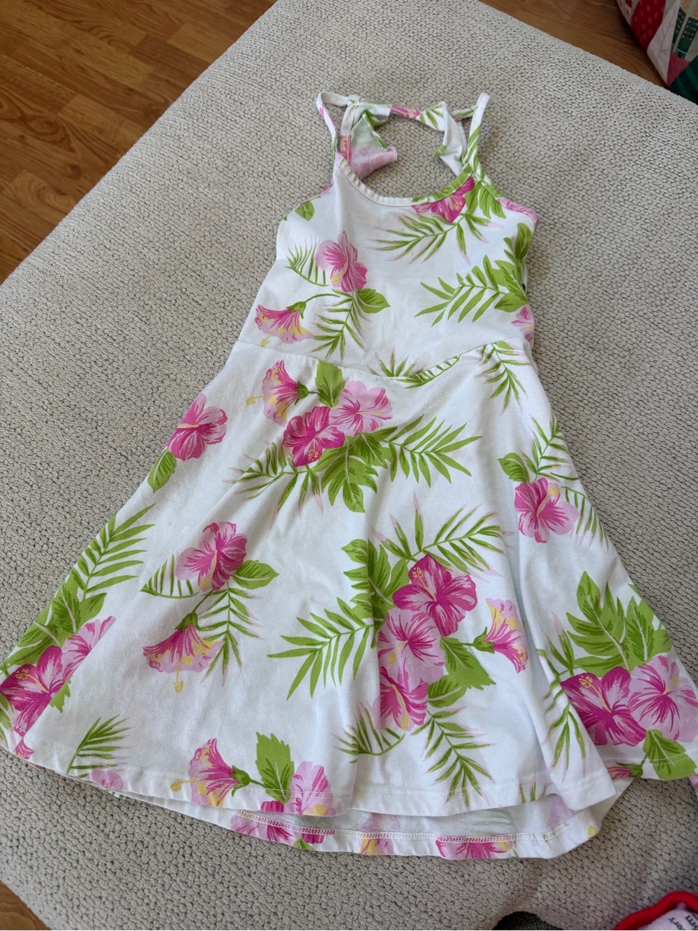 Place White Dress with Pink Floral and Green Leaves